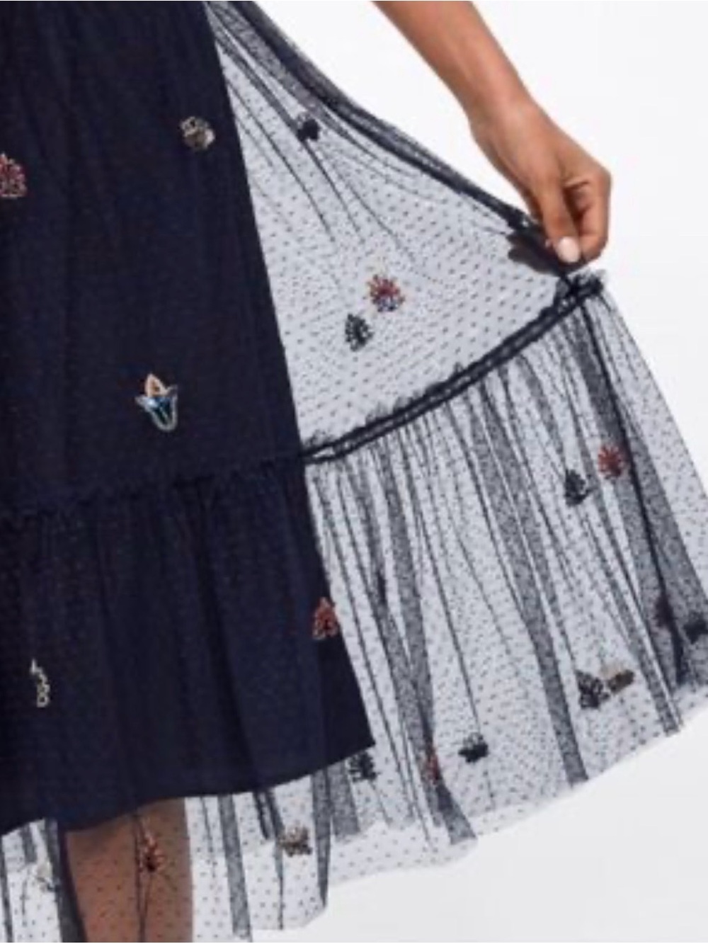 NWT Zara - Navy Embroidered Tiered Midi Skirt